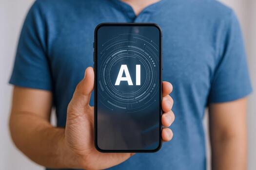 Person Holding Smartphone Displaying AI Technology Concept, Future Technology, Innovation, Machine Learning and Artificial Intelligence photo