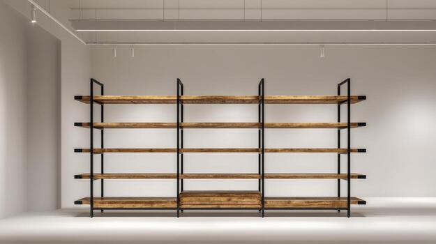 Empty Wooden Shelves in a Minimalist Interior Design Studio for Product Display and Retail Space photo