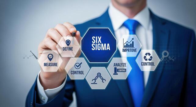 Six Sigma Methodology Presentation Business Professional Explaining Process Improvement, Quality Control and Efficiency Strategies in Manufacturing photo