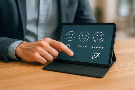 Customer Satisfaction Survey on Tablet Device Showing Excellent Rating, Mans Hand Indicates Positive Experience photo