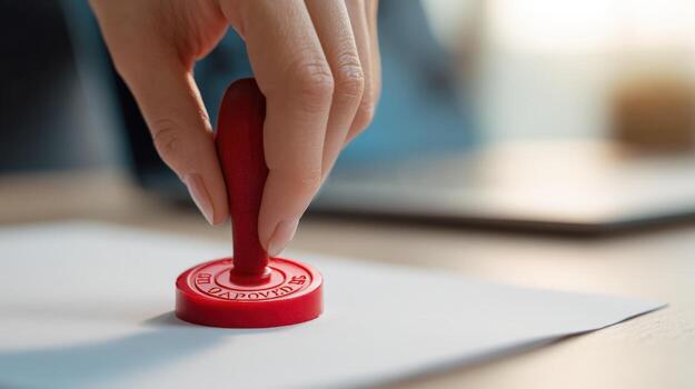 Hand Stamping Document with Red Stamper on White Paper for Official Approval, Verification, Authorization photo