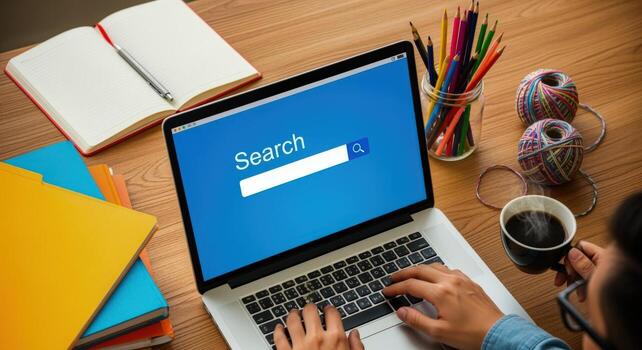 Person typing on laptop with search bar display, creative workspace environment on wooden table photo