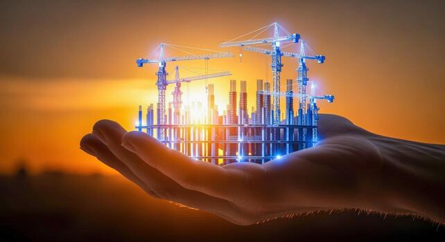 Hand Holding Digital Construction Site Model with Cranes at Sunset, Symbolizing Urban Development and Engineering photo