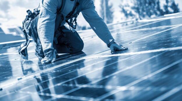 solar panel instalación técnico arrodillado en formación para sostenible energía solución en techo foto