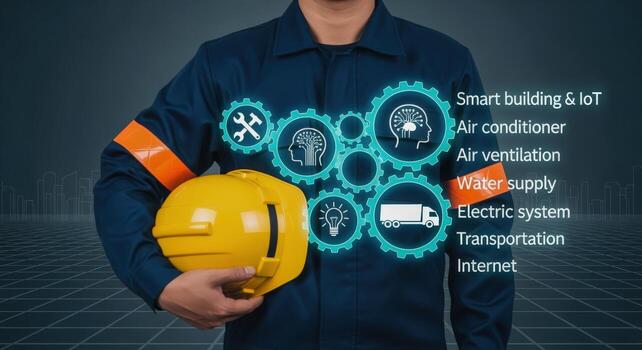 Smart Building Technology Integration Worker Holding Hard Hat with Building Systems Visualization photo
