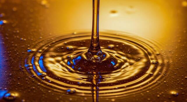 Viscous Liquid Pouring Macro, Golden Abstract Texture with Concentric Ripple Pattern and Glistening Highlights photo