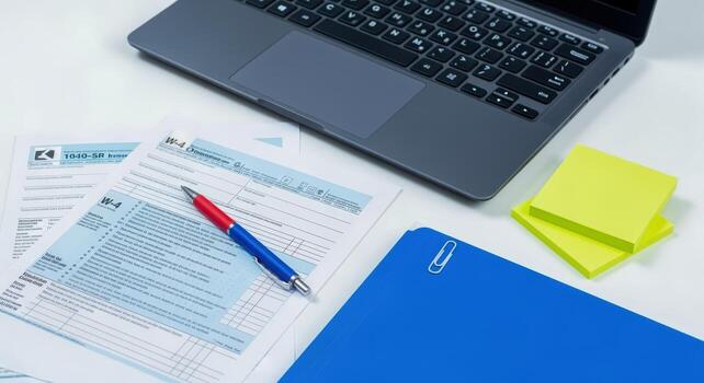 Tax Preparation Workspace with Forms, Laptop, and Blue Folder on a White Desk photo
