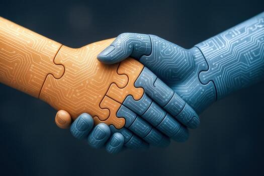 Human and AI Handshake Robotic Hand Meeting a Humanoid Hand with Puzzle Piece Texture photo