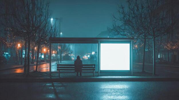 Lonely Figure Waits at Bus Stop with Illuminated Billboard on a Foggy Night Scene photo