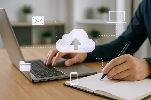 Cloud Computing Man Using Laptop to Upload Data, Utilizing Wireless Connectivity for Secure File Storage and Access photo
