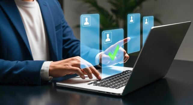 Man Selecting Job Candidate Profile on Laptop Recruitment Process, Hiring, and Human Resources Concept photo