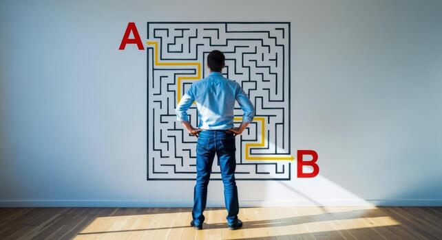Man Contemplates a Maze on the Wall, Representing Problem Solving, Strategy, and Finding Solutions photo