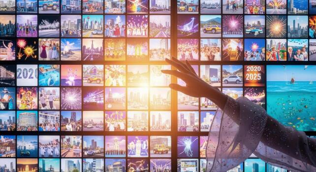 Diverse Media Screen Display Womans Hand Reaching Towards a Bright Future of Digital Content and Communication photo