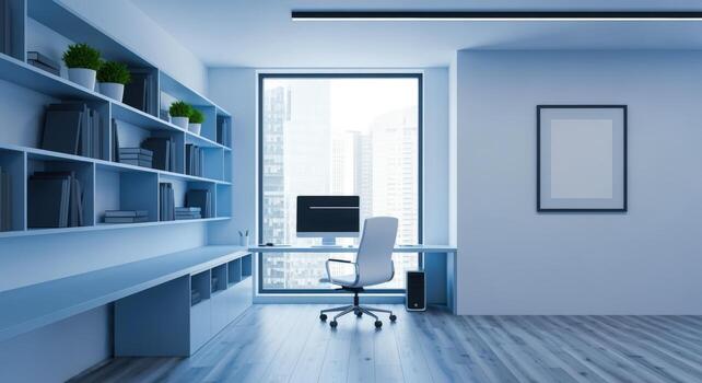 Modern Home Office Interior with Bookshelf, Computer and City View in White and Blue photo