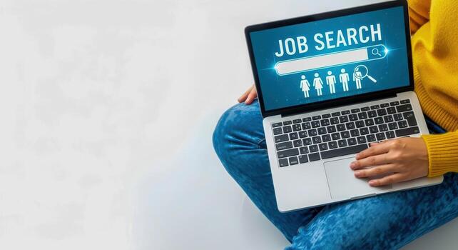 Woman using laptop for job search, sitting cross-legged on white background, with copy space photo