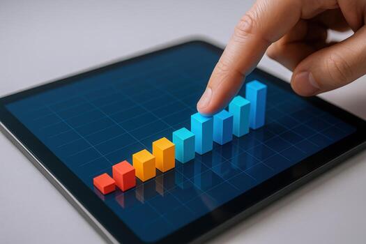 Analyzing Business Growth on a Digital Tablet Display with Rising Bar Chart and Pointing Finger photo