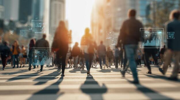 Crowd of People Walking in City with Digital Overlays Representing Data and Connectivity for Smart City Concepts photo