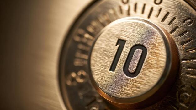 Close-up of a metal combination safe lock with the number 10 highlighted in the center photo