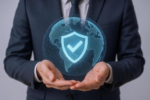 Global Cybersecurity Protection Businessman Holding Holographic Earth with Security Shield, Representing Data Safety and Network Defense photo