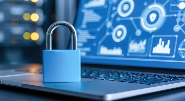 Cybersecurity Concept Blue Padlock on Laptop Against Digital Interface - Data Protection and IT Security photo