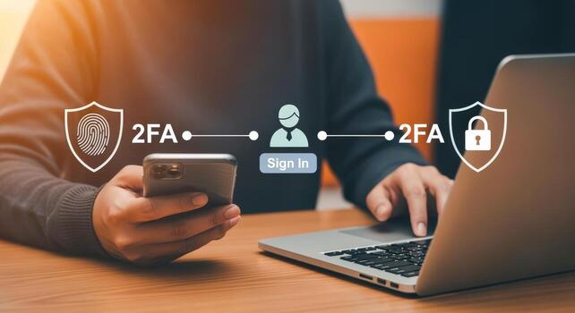 Two-Factor Authentication Concept Person Using Smartphone and Laptop for Secure Sign-In Process with Data Protection photo
