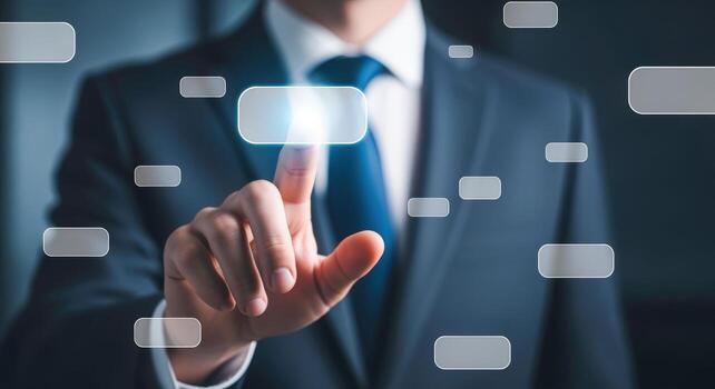 Businessman Interacting with a Digital Touchscreen Interface, Showcasing Modern Technology and Business Innovation photo