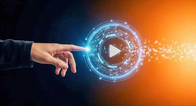 Hand Touching Play Button with Futuristic Glowing Interface, Representing Digital Media and Technology Access photo