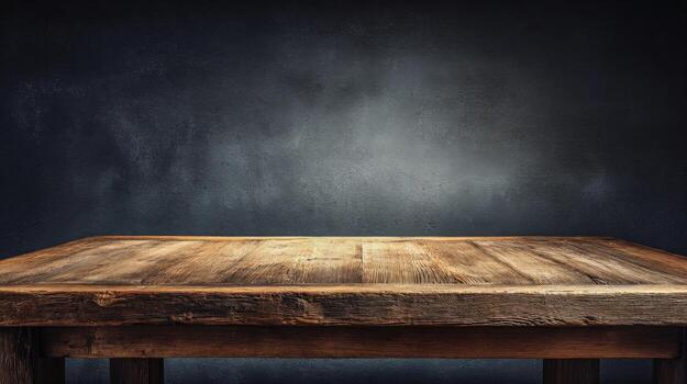 Empty Rustic Wooden Table Surface Against Dark Textured Wall Background for Product Mockup or Display photo