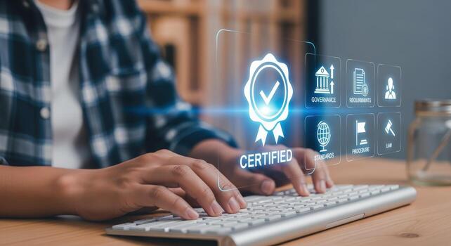 Certification Process Woman Typing on Keyboard with Holographic Assurance Icons Displayed for Compliance Standards photo