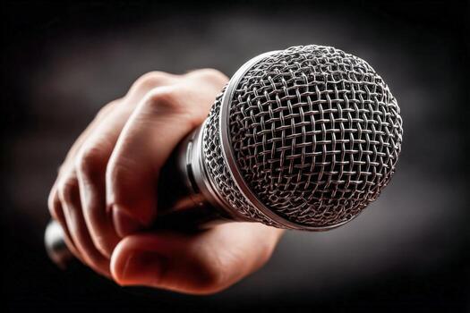 Hand Holding Microphone Close-Up on Black Background for Karaoke, Speech, or Performance Use photo