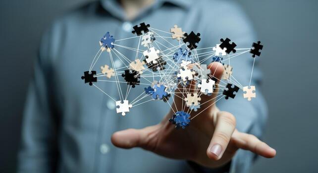 Abstract Network of Puzzle Pieces Connecting in a Mans Hand Representing Business Solutions and Teamwork photo