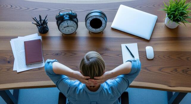 Relaxed Professional Top View of a Man Resting at a Modern Workspace with Laptop and Accessories photo