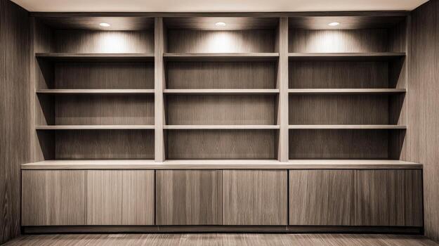 Empty Wooden Bookshelf with Built-In Lighting Ideal for Mockups, Backgrounds, and Interior Design Visualizations photo