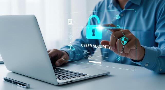 Cyber Security Expert Working on Laptop with Digital Display for Online Data Protection photo