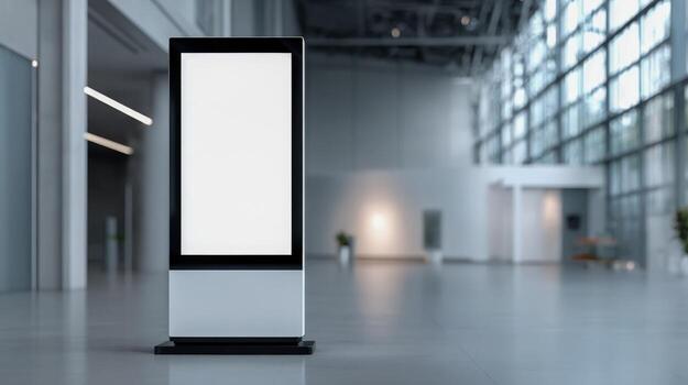 digital señalización Bosquejo en moderno vestíbulo, blanco monitor para publicidad y información foto
