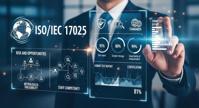 ISO IEC 17025 Certification Concept Businessman Navigating Digital Interface for Testing, Calibration, and Quality Assurance Standards photo