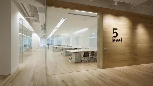 Modern Office Interior with Open Workspace and Natural Light on Fifth Level photo