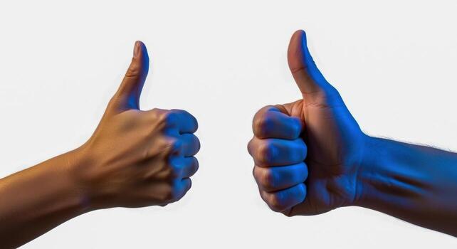 Two Hands Showing Thumbs Up Gesture Isolated on White Background Representing Approval and Positive Feedback photo