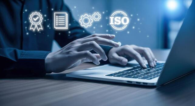 Quality Assurance and Standards Compliance Person Typing on Laptop Illustrating ISO Certification and Process Improvement photo