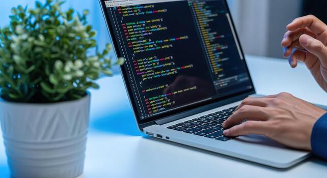 de cerca de programador codificación en ordenador portátil con planta, moderno espacio de trabajo, profesional software desarrollo foto