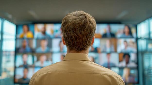 Man Attending a Virtual Meeting with Multiple Participants Displayed on a Large Screen in a Conference Room photo
