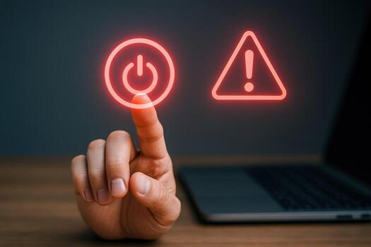 Warning Notification and Power Button Activation on Laptop Screen, Displaying Technology and User Interaction photo