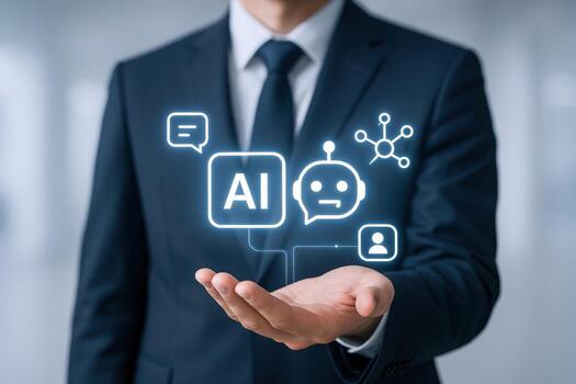 AI Integration Concept Businessman Presents Artificial Intelligence Technology and Chatbot Services for Business Solutions photo