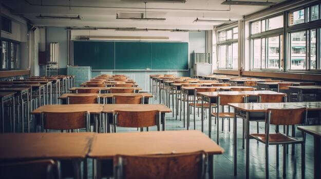 Empty Classroom with Desks and Blackboard in a School Setting, Ready for Students to Learn photo
