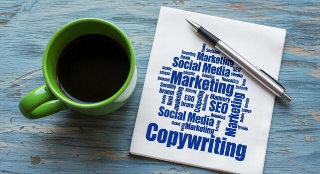 Copywriting and Marketing Concepts Displayed on a Pad with Coffee Cup in a Workplace photo