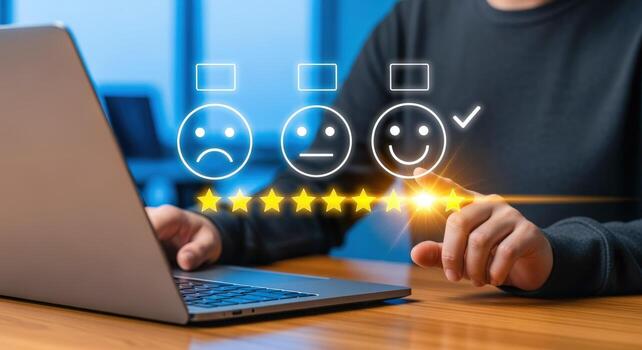 Customer feedback concept Person using laptop with happy face rating and five stars photo