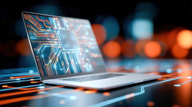 Laptop Displaying Futuristic Circuit Board Design for Technology, Innovation, and Digital Transformation Concepts photo