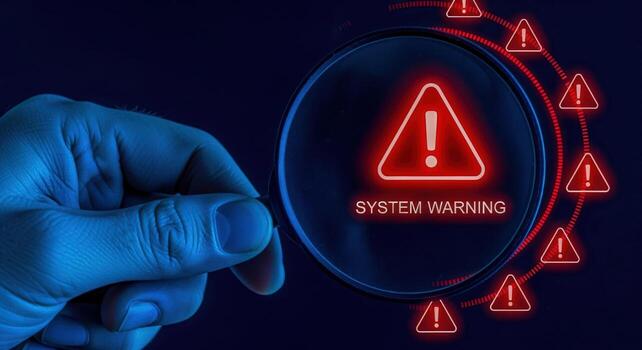 System Warning Alert Concept Hand Holding Magnifier Over Digital Warning Sign with Exclamation Mark photo