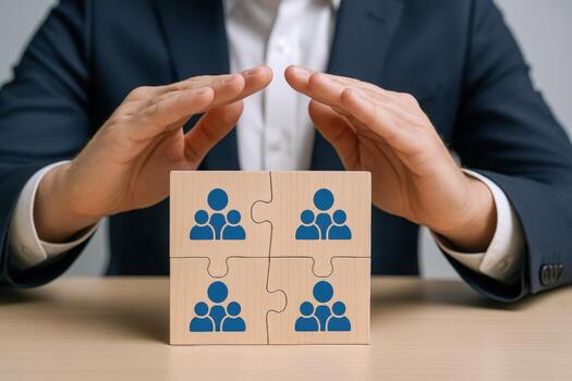Protecting Team Hands Shielding Wooden Blocks with People Icons, Representing Teamwork, Security, and Business Strategy photo