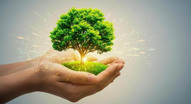 manos participación un árbol árbol joven con brillante ligero efectos, simbolizando crecimiento y ambiental administración foto